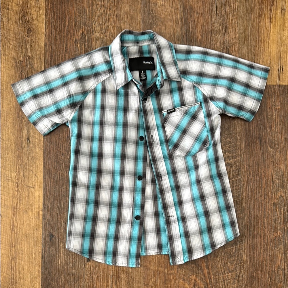 Hurley Boys‎ Teal Black White Plaid Short Sleeve Button Down Shirt Size 5